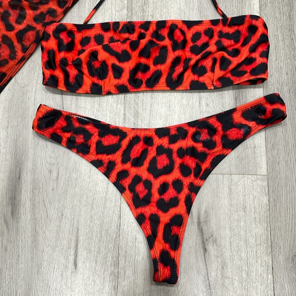 3 Piece Red and Black Animal Print High Waist Thong Swimsuit - Picture 5 of 8